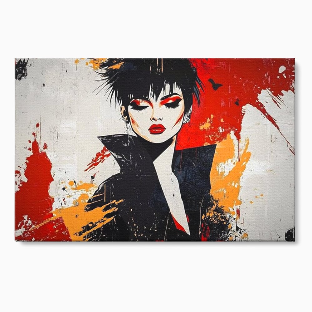 Tablou canvas cu ilustratie digitala cu portret de femeie in stil punk, fara rama, pe sasiu de lemn